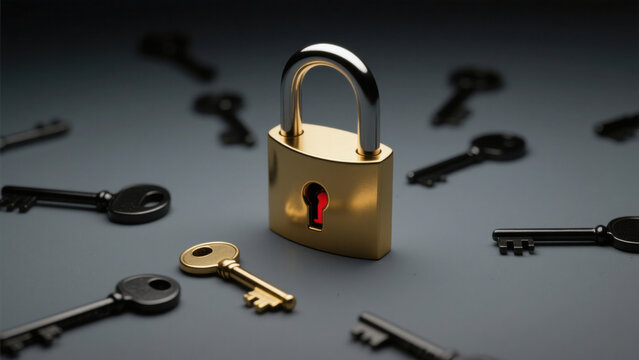 Golden Padlock Surrounded by Metal Keys on Dark Background - Symbolizing Security and Multiple Access Pathways
