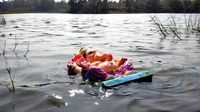 Colorful Ganesh idol floats in tranquil water during visarjan, a Hindu tradition, emphasizing culture and religion with a serene atmosphere.