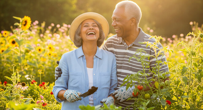 Happy Diverse Senior Couple Laughing and Gardening Together in a Sunny Community Garden