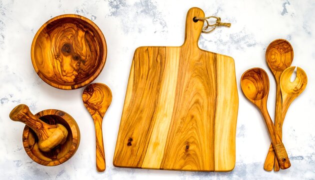Wooden kitchenware set on a marble surface