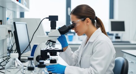 Female scientist using microscope in laboratory for medical research and development