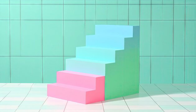 Pastel Colored Stairs Against Mint Green Tile Background - Powered by Adobe