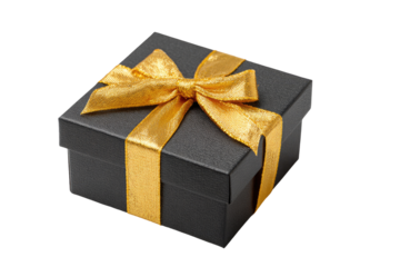A small, square, black gift box adorned with a large, elegant gold ribbon tied in a bow