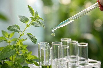 Dropper over test tube dropping sample chemical into sample herbal plaint , biotechnoloy research concept.Natural extracts