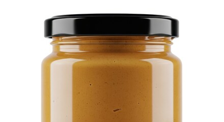 Close up of a glass jar filled with smooth golden peanut butter and a black lid