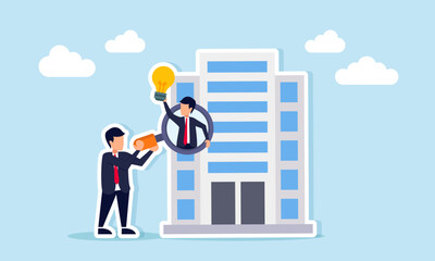 Businessman with magnifying glass near office building and another businessman holding light bulb illustration of research for proper business ideas and innovation