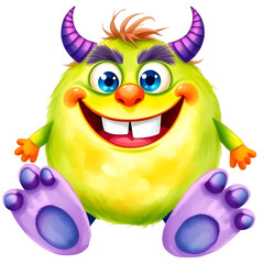 Cute Green Monster with Purple Horns and Big Smile &ndash; Cartoon Character, Playful Creature Design, High-Resolution Digital Art, Transparent PNG Overlay