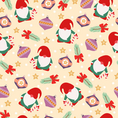 Christmas seamless pattern with cartoon gnome, candy cane, ornament, star and pine branch. Holiday decoration for wrapping paper, cover.