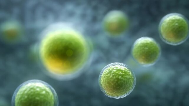 Microscopic Green Spheres: A captivating close-up showcases multiple spherical entities with a vibrant green hue, suspended in a fluid environment, hinting at the wonders of the unseen.