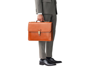 Elegant Businessman with Classic Brown Leather Briefcase in Pinstripe Suit isolated on a transparent background