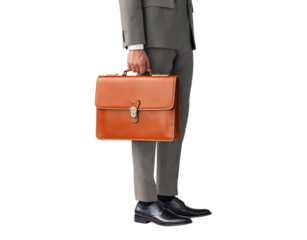 Elegant Businessman with Classic Brown Leather Briefcase in Pinstripe Suit isolated on a transparent background