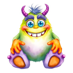 Cute Green Monster with Purple Horns and Big Smile &ndash; Cartoon Character, Playful Creature Design, High-Resolution Digital Art, Transparent PNG Overlay