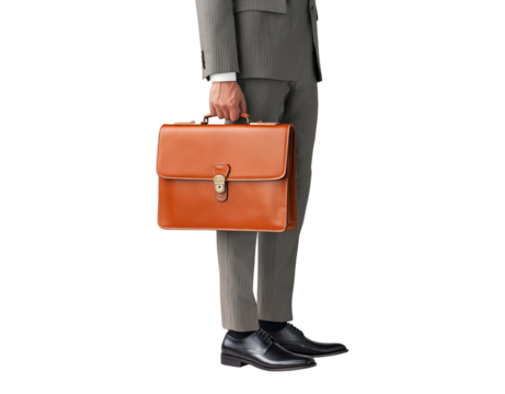 Elegant Businessman with Classic Brown Leather Briefcase in Pinstripe Suit isolated on a transparent background
