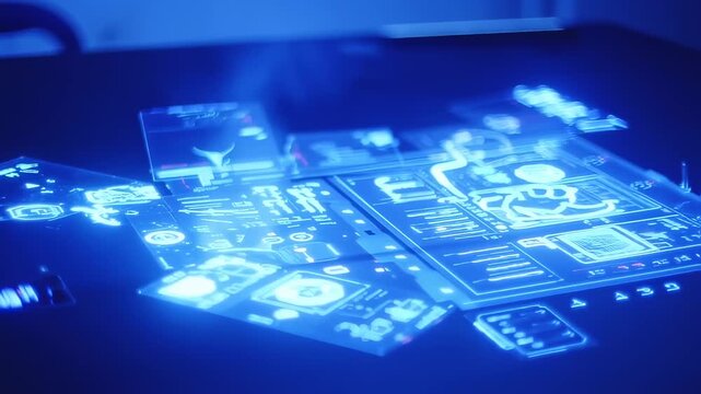 Blue Futuristic Touchscreen Interface with Holographic Projections Display