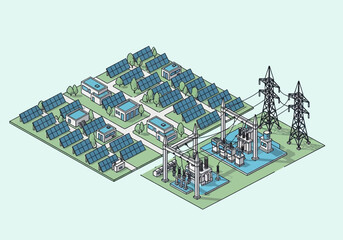 Modern solar farm infrastructure with power lines and substations generating clean energy