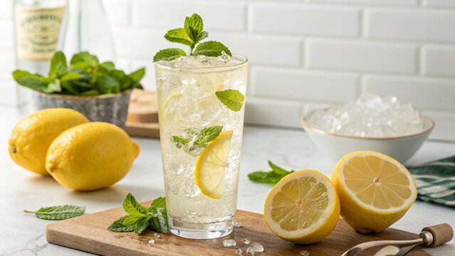 Refreshing tall glass of lemonade with fresh lemons and mint garnish