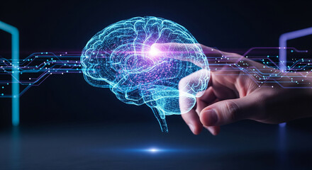 Futuristic Concept of a Human Hand Touching a Glowing Holographic AI Brain Interface
