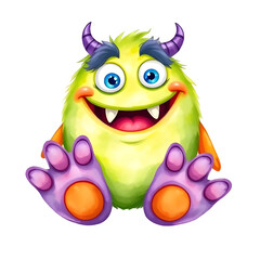 Cute Green Monster with Purple Horns and Big Smile &ndash; Cartoon Character, Playful Creature Design, High-Resolution Digital Art, Transparent PNG Overlay