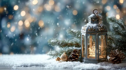 Snowy winter scene with a lantern illuminating a tiny Christmas tree amidst pine sprigs and scattered pinecones
