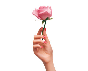 Elegant Hand Holding a Delicate Pink Rose  isolated on a transparent background
