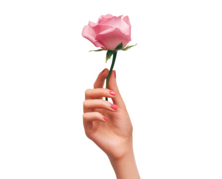 Elegant Hand Holding a Delicate Pink Rose  isolated on a transparent background