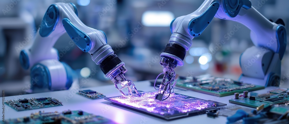 Poster automated robotic arms with blue-purple illumination assembling microchips on pcb in electronics lab