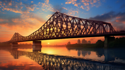 Sunset over iconic steel bridge and river
