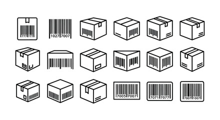 Collection of barcode and shipping box icons in silhouette