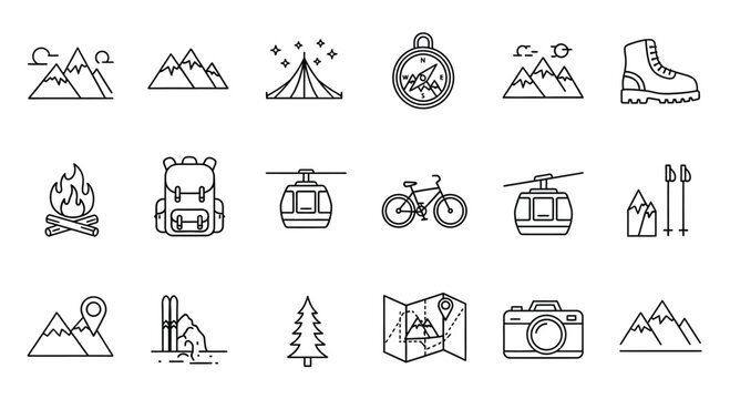 Collection of outdoor adventure and winter sports icons silhouette