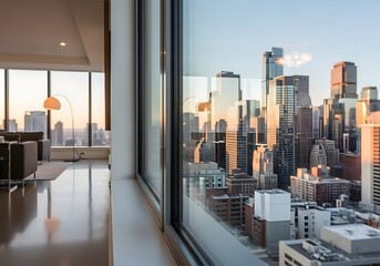 Modern urban living with panoramic views of city skyline at sunset