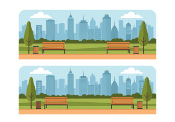 Serene urban park scene with city skyline backdrop and inviting park benches for relaxation and contemplation