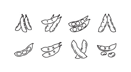 Collection of hand drawn edamame pods and beans in a simple silhouette style