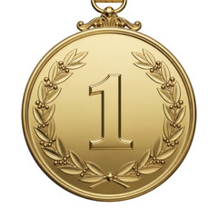 Gold medal with number one and laurel wreath isolated on transparent background