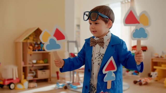 Young boy dressed as a weather scientist, experimenting with weather charts