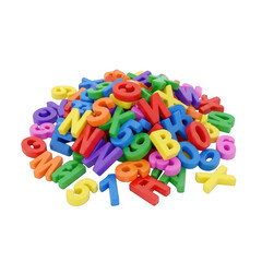 Colorful pile of plastic alphabet letters and numbers isolated on transparent background