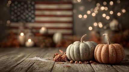 Rustic autumn thanksgiving scene with pumpkins and american flag background