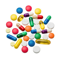 Assorted colorful medical pills and capsules isolated on transparent background