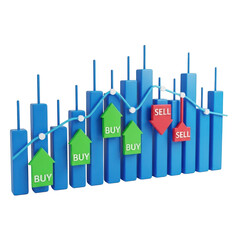 Blue bar stock market chart with buy sell arrows isolated on transparent background