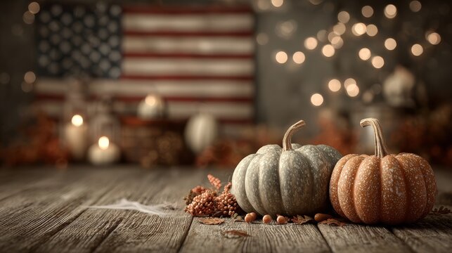 Rustic autumn thanksgiving scene with pumpkins and american flag background