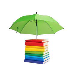 Green umbrella protecting a stack of colorful books isolated on transparent background