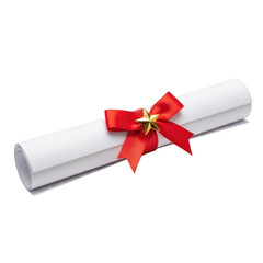 Rolled diploma certificate with red ribbon isolated on transparent background