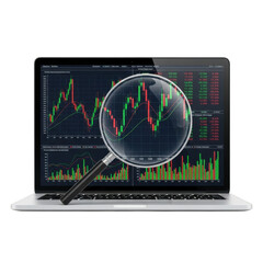 Laptop displaying stock charts with a magnifying glass isolated on transparent background
