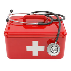 Red medical first aid kit with stethoscope isolated on transparent background
