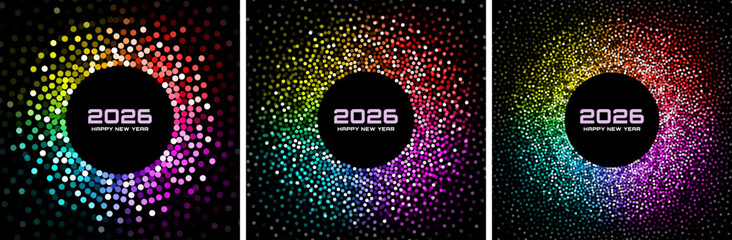New Year 2026 Rainbow Glitter Circle Confetti Frames. Disco party backgrounds. Happy New Year Greeting Cards. Glistening Festive Bright Banners. Christmas Rainbow Circle Dots Set. Vector Illustration