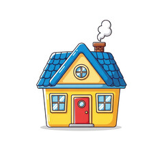 Cartoon yellow house with blue roof isolated on transparent background
