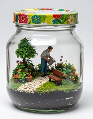 an old man is watering plants in a glass jar
