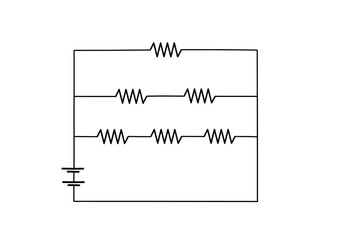 Electrical circuit diagram with resistors in series and parallel configuration. Schematic of an electronic circuit with multiple resistors and a battery