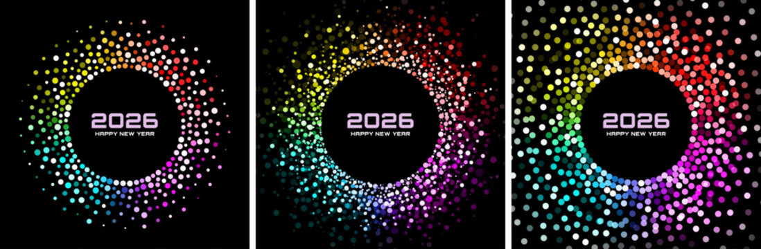 New Year 2026 Rainbow Glitter Circle Confetti Frames. Disco party backgrounds. Happy New Year Greeting Cards. Glistening Festive Bright Banners. Christmas Rainbow Circle Dots Set. Vector Illustration