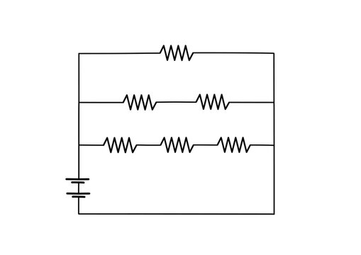 Electrical circuit diagram with resistors in series and parallel configuration. Schematic of an electronic circuit with multiple resistors and a battery