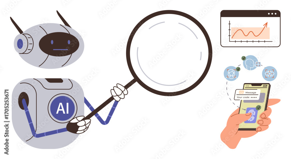 Poster ai robot holding magnifying glass inspecting data, graphs on screen, and mobile messages. ideal for 